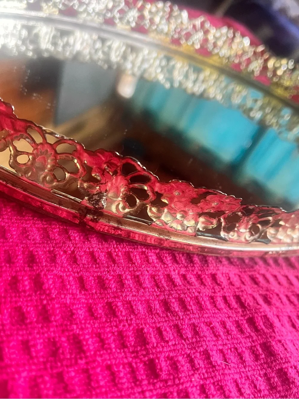 Vintage Oval Mirrored Vanity Dresser Tray Ornate Filigree Gold Tone Metal